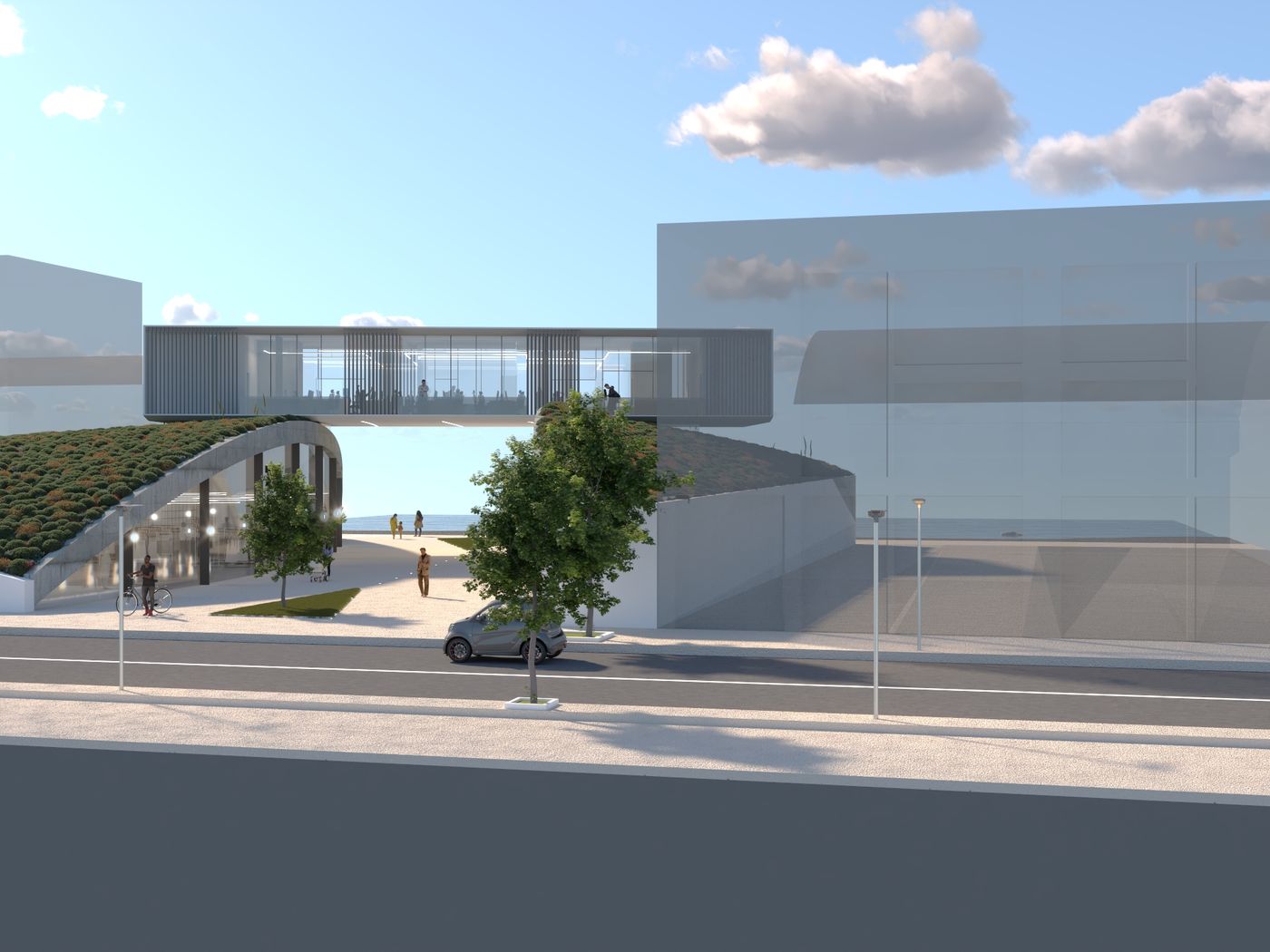 Centro commerciale polifunzionale, fronte strada con copertura verde
